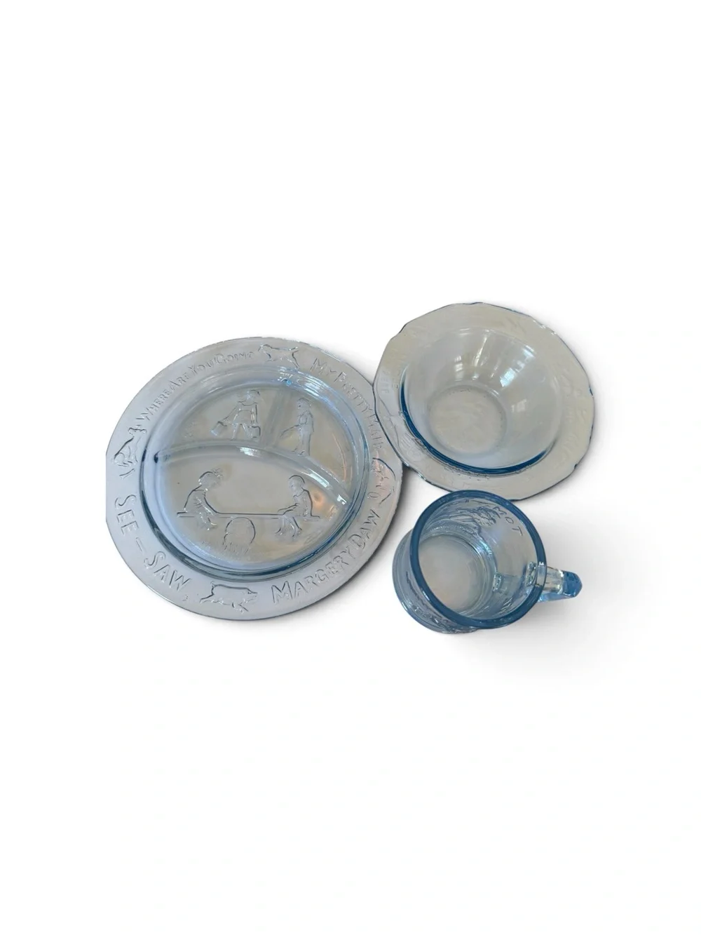 Tiara Translucent Blue Children's Nursery Rhyme Divided Plate, Bowl & Cup Set